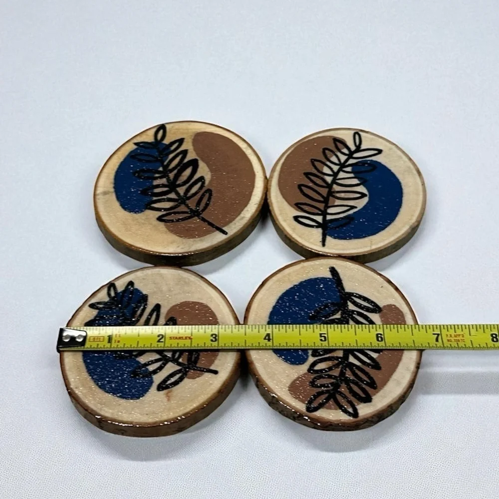 4 Handmade Coasters Brown and Blue with Flowers
